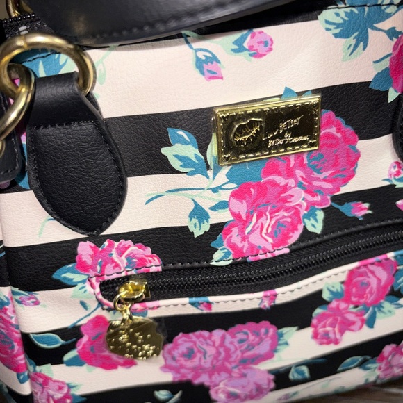 Betsey Johnson Black and Pink Floral Striped Satchel NWOT - Picture 2 of 6